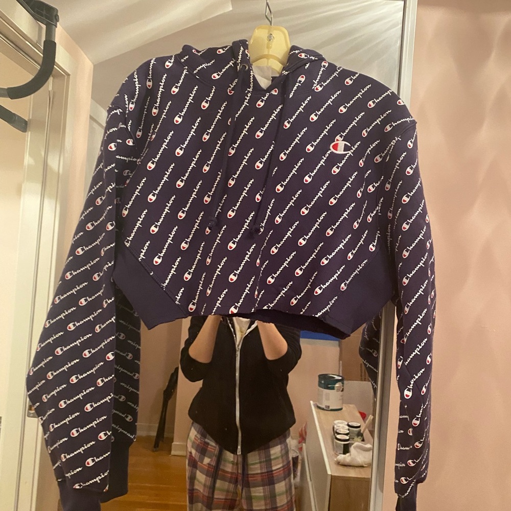 Champion Navy Blue Cropped Hoodie Sz Xs Diagonal … - image 1